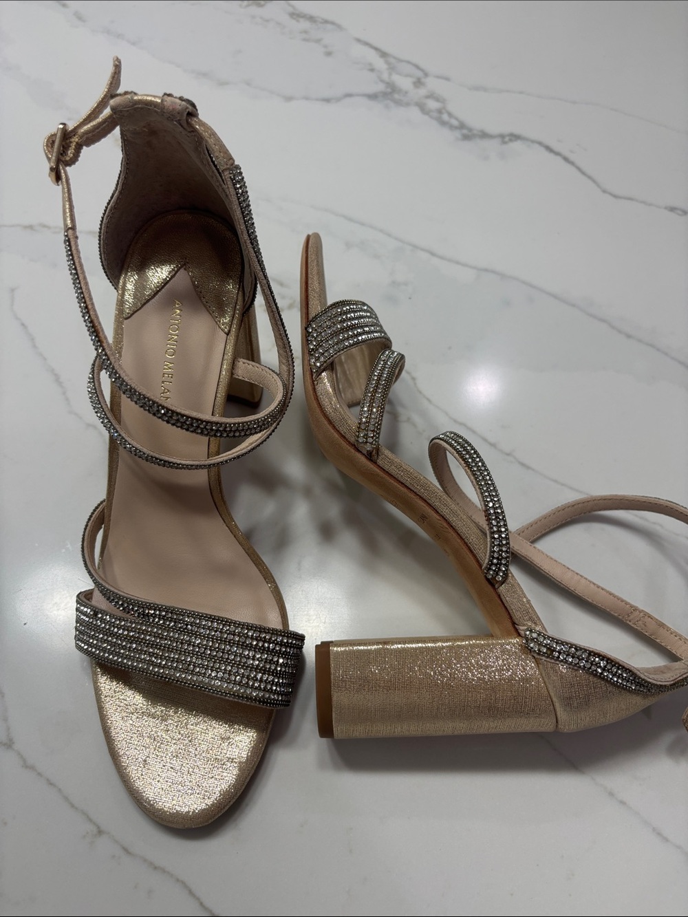 ANTONIO MELANI Gold and Nude Crystal-Strap Block Heel Sandals